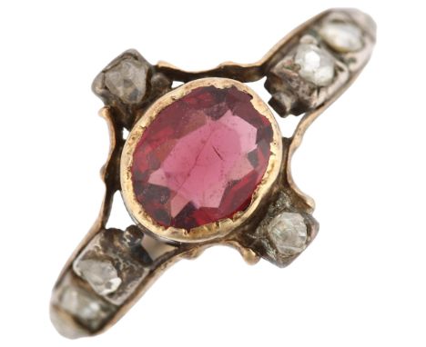 A Georgian garnet and diamond ring, unmarked gold settings with oval mixed-cut garnet and rose-cut diamonds, setting height 1