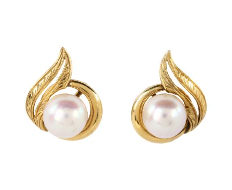 A pair of whole pearl earrings, unmarked gold settings with screw-back fittings, earring height 16.2mm, 4.3gNo damage or repa