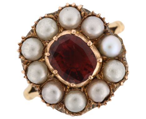 A Georgian flat-top garnet and split pearl cluster ring, 9ct gold closed-back settings, setting height 17.3mm, size J/K, 5.7g