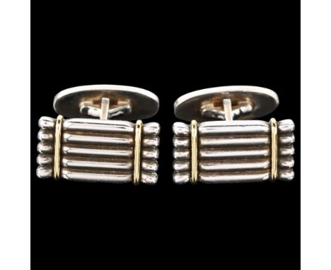 GEORG JENSEN - a pair of Danish sterling silver ribbed cufflinks, designed by Lene Munthe, model no. 156, panel length 20.5mm