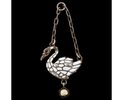 A Renaissance style Continental silver enamel and pearl figural swan pendant, pendant height 53mm, 7.3gEnamel has several sur