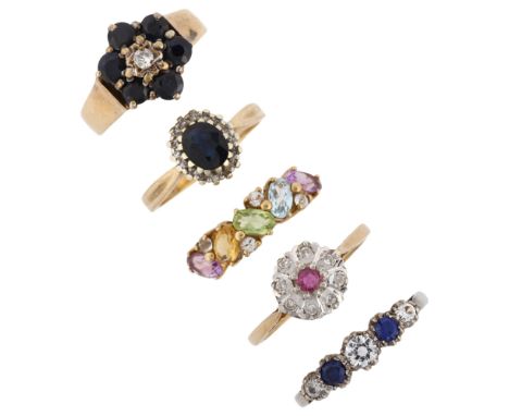 5 x 9ct gold gem set rings, gemstones include ruby sapphire and diamond, sizes K, L, N, Q and R, 13.6g total (5)Lot sold as s