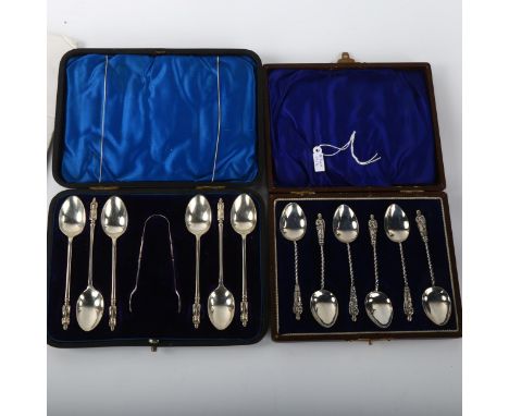 2 cased sets of silver Apostle teaspoons and sugar tongs, including Sheffield 1905 and Birmingham 1913No damage or repairs, o