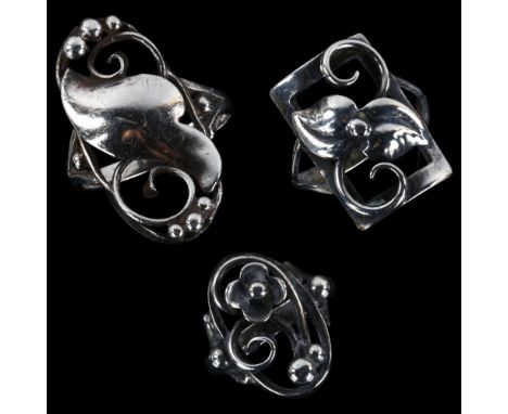 3 Danish Art Nouveau silver floral rings, makers include John Lauridsen, sizes K, N and O, 11.2g total (3)No damage or repair