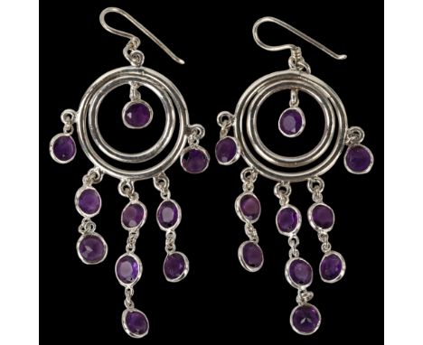 A pair of handmade sterling silver amethyst dream catcher drop earrings, height 56.3mm, 5.6gNo damage or repairs, all stones 