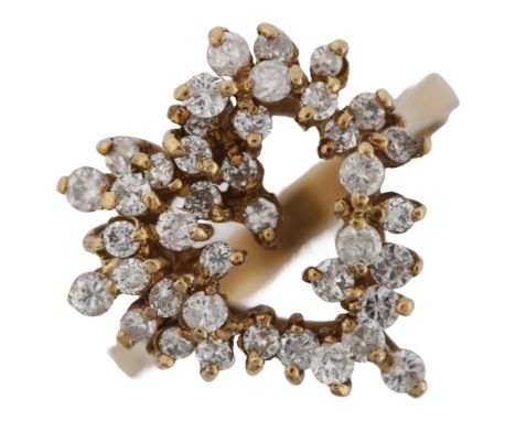 A large 9ct gold diamond heart dress ring, set with modern round brilliant-cut diamonds, hallmarks London 1987, setting heigh