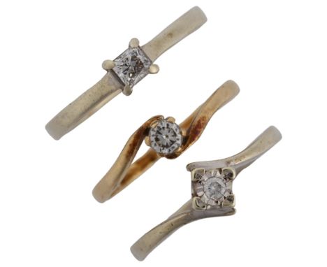 3 x 9ct gold solitaire diamond rings, sizes K, L and M, 5.2g total (3)No damage, all stones present, only general surface wea