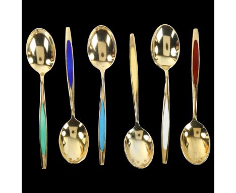 MEKA - a set of 6 Danish vermeil sterling silver and harlequin enamel coffee spoons, length 9.5cmNo damage or repairs, no ena