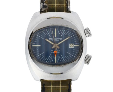 MEMOSTAR - a Vintage stainless steel alarm mechanical wristwatch, circa 1970s, oval blue dial with luminous quarterly baton h