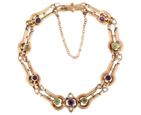 SUFFRAGETTE INTEREST - a 9ct rose gold amethyst peridot and pearl bracelet, hollow links set with round-cut gemstones, bracel