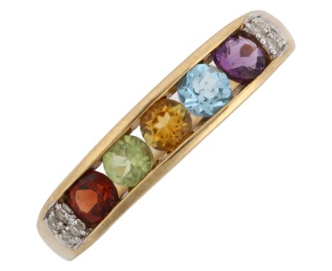 A modern 9ct gold gem set dress ring, gemstones included amethyst topaz citrine peridot garnet and diamond, setting height 4.