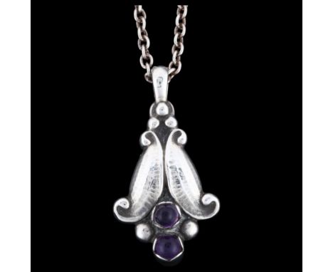 GEORG JENSEN -a Danish stylised sterling silver and amethyst pendant necklace of the year 1993, pendant height 32.7mm, chain 