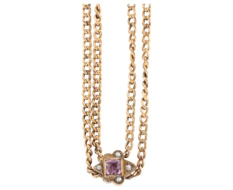 An Antique gilt-metal long guard chain necklace, with amethyst and pearl slider charm, necklace length 66cm, 18.9gNo damage, 