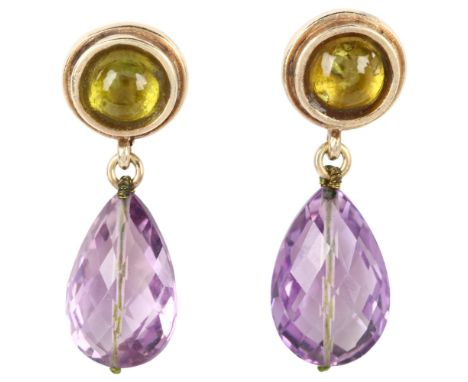 A pair of amethyst and lemon quartz drop earrings, unmarked gold settings with briolette amethyst, earring height 26.5mm, 4.3
