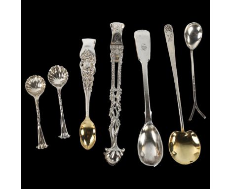 Various Antique silver flatware, including mustard spoon, sugar tongs etc, 3.1oz totalLot sold as seen unless specific item(s