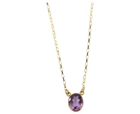 A 9ct gold solitaire amethyst pendant necklace, on 9ct fine belcher link chain, pendant height 11.7mm, necklace length 40cm, 