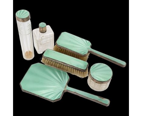 A set of 6 George VI Art Deco silver and green enamel travelling vanity case items, comprising hand mirror, hair brush, cloth