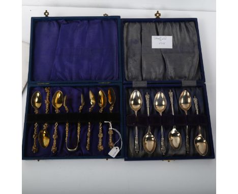 2 cased sets of silver Apostle teaspoons and sugar tongs, including Sheffield 1888 and 1915No damage or repairs, only light s