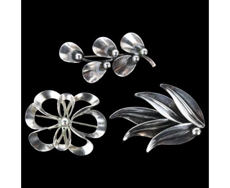 NIELS ERIK FROM - 3 Danish modernist sterling silver brooches, including leaf design, largest length 52.9mm, 20.9g total (3)N