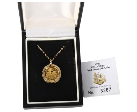 A 1997 Britannia gold proof £10 coin pendant necklace, chain length 44cm, 8.1g, limited edition no. 3367 of 5,000, boxed with