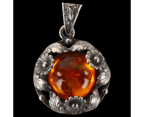 NIELS ERIK FROM - an Art Nouveau Danish sterling silver and amber floral pendant, height 35.4mm, 7.6gNo damage or repairs, on