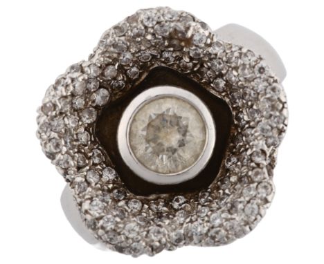 A modern 14ct white gold cubic zirconia flowerhead dress ring, by Ekol, setting height 18.6mm, size M, 11.9gNo damage or repa