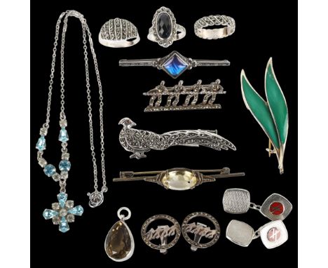 Various silver jewellery, including Thune of Norway green enamel leaf brooch, Hoover cufflinks etc, 120g grossLot sold as see