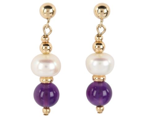 A pair of 9ct gold amethyst and pearl drop earrings, set with whole pearl and amethyst bead, earring height 26.6mm, 2gNo dama