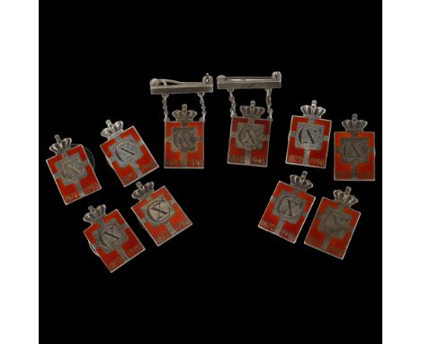 GEORG JENSEN - 10 Danish sterling silver and red enamel Kingmark badges and brooches, height 23.8mm, 35.6g totalNo enamel los