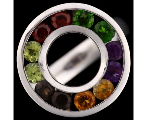 A modern sterling silver gem set halo ring, gemstones include amethyst citrine smoky quartz etc, setting height 19.4mm, size 