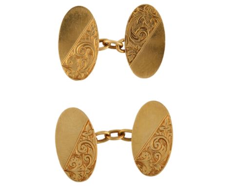A pair of early 20th century 18ct gold cufflinks, oval panels with foliate engraved decoration, maker's marks H G and S, hall