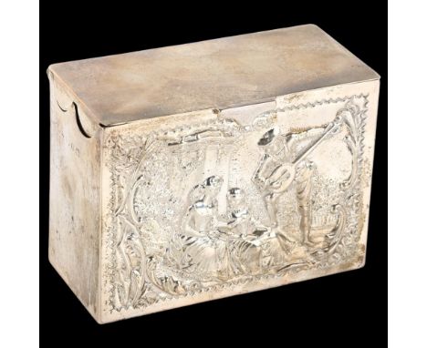 A late Victorian silver playing card box, with relief embossed lover and country scenes, by Henry Matthews, hallmarks Birming