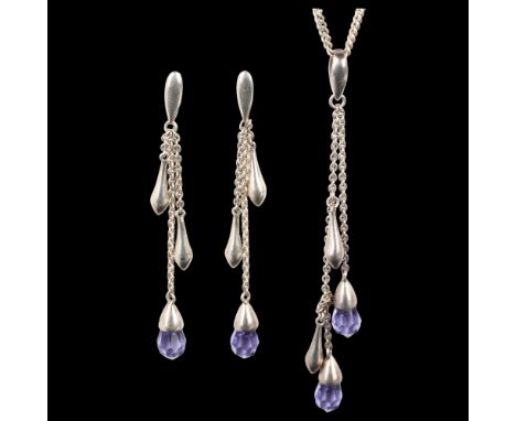 A modern silver and amethyst glass pendant necklace and earring set, pendant height 76.1mm, chain length 42cm, 12.3g total (2