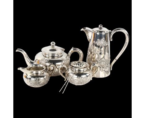 A Chinese export silver 5-piece matched tea set, comprising teapot, hot water jug, 2-handled sugar bowl, cream jug and tea st