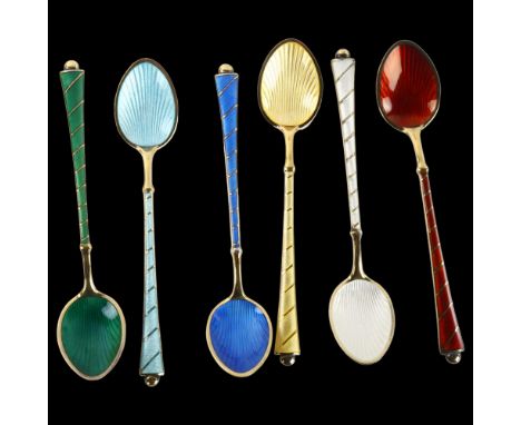 EGON LAURIDSEN - a set of 6 Danish vermeil sterling silver and harlequin enamel coffee spoons, with enamel bowls, length 9.5c