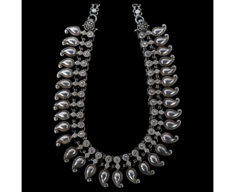 An Indian silver fringe necklace, with pear drops, necklace length 41cm, 120gNo damage or repairs, only light surface wear 