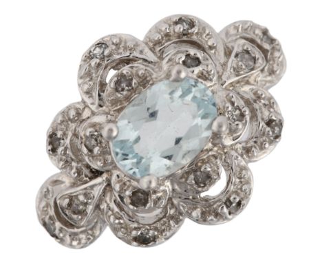 A modern 9ct white gold aquamarine and diamond dress ring, set with oval mixed-cut aqua and single-cut diamonds, setting heig