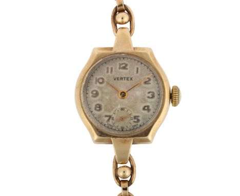 VERTEX - a lady's 9ct gold mechanical bracelet watch, circa 1952, silvered dial with gilt Arabic numerals and subsidiary seco