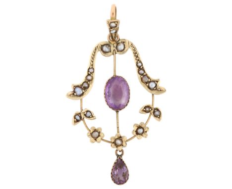 An Edwardian 9ct gold amethyst and pearl openwork pendant, pendant height 45.2mm, 2.1gNo damage, all stones present, general 