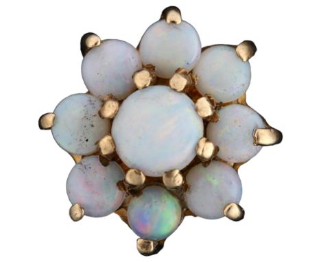 A 9ct gold opal cluster flowerhead ring, setting height 13.5mm, size L, 2.7gNo damage, all stones present, opals have a good 