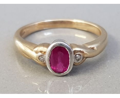 9CT YELLOW GOLD RUBY AND TWO DIAMOND RING 3.1G SIZE O1/2