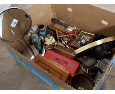 MISC LOT INCLUDING SHAVING MIRROR, COW BELLS, MANTLE CLOCK PLUS FRAMED CIGARETTE CARDS ETC