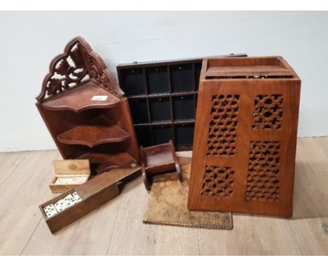 MISCELLANEOUS LOT CONTAINING HAND CARVED HANGING CORNER SHELF, ORIENTAL FOLDING STAND AND VINTAGE CARDS AND DOMINOES IN ORIGI