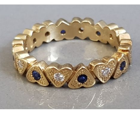 LADIES 18CT YELLOW HEART SHAPE SAPPHIRE AND DIAMOND BAND 4.7G SIZE K