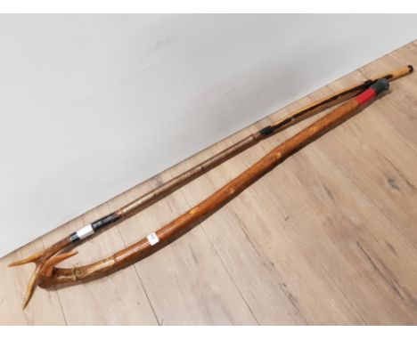 SHEPHERDS BIRD HANDLED CROOK TOGETHER WITH A VINTAGE THUMB STICK