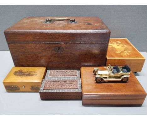 OAK TEA CADDY AND ROLLS ROYCE TRINKET BOX PLUS 4 OTHER WOODEN BOXES