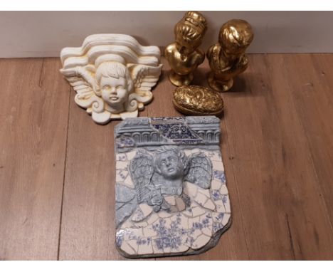 FANTASTIC PIECE OF HANDMADE WALL ART MOSAICWARE TOGETHER WITH GILDED BUSTS AND CHERUB WALL SHELF