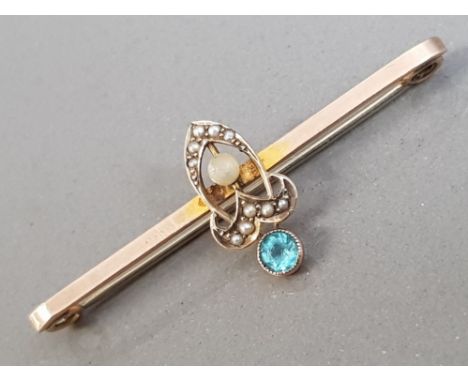 YELLOW GOLD AQUAMARINE AND PEARL BROOCH 1.9G