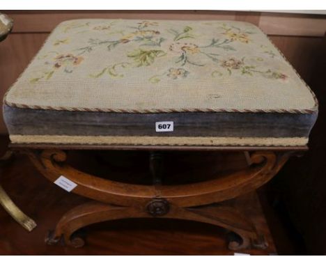 A Victorian X frame stool with tapestry top, W.58cm