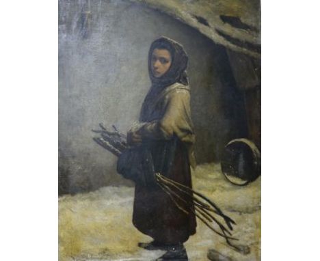 Aristede K..., oil on canvas, Peasant girl carrying faggots of wood, indistinctly signed, 103 x 79cm, unframed